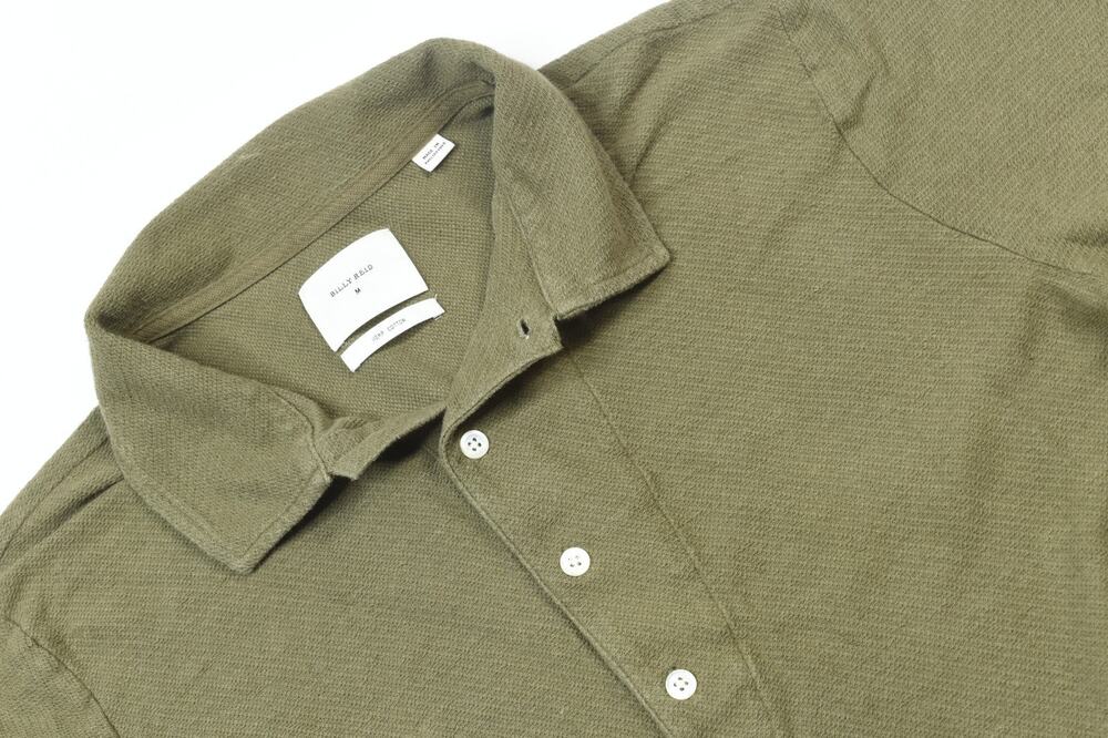 Billy Reid Polo Shirt Mens Medium Green Hemp Cotton Woven Short Sleeve Casual